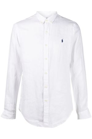 White linen shirt, button-down pattern with long sleeves and red logo embroidery on chest. RALPH LAUREN | 710829443002WHITE